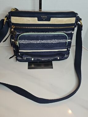 Fossil Navy and Cream Striped Crossbody Bag